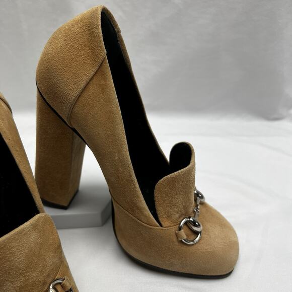 Gucci Camelia Suede Leather Beige Horse bit Block Heel Pumps Size 36.5 US 5.5 - Picture 3 of 11